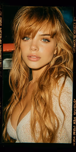 Photograph of a woman with long hair, bangs, and a white sweater, natural lighting